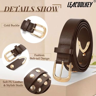 Жіночий шкіряний ремінь LEACOOLKEY для джинсів та штанів, з пряжками, стильний ремінь з нітями, розмір M (82-91 см) та S (66-81 см)