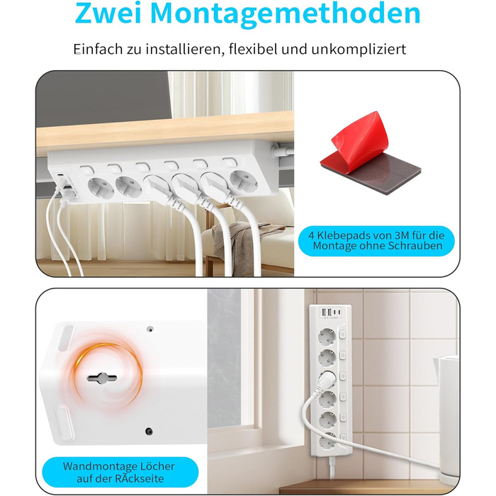 Мережевий фільтр з USB-C, 6 розеток, кабель 2м (4000W, 16A), розподільний блок для кухні/офісу, чорний