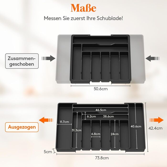 Органайзер для столових приборів Lifewit в шухляду, регульований, чорний (33-57 см x 38 см x 5 см)