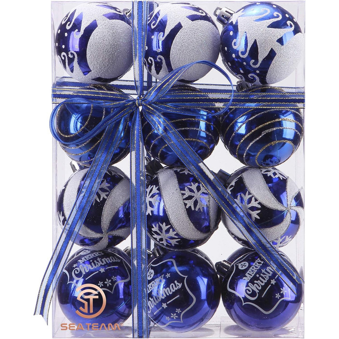 Декоративна куля для ялинки Sea Team з малюнком та блискучим прикрасою у вигляді ялинки, блакитна, 60 мм (6 шт.)