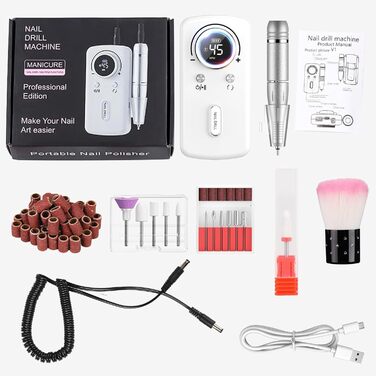 Професійний портативний фрезер для нігтів 45000 об/хв з LCD-дисплеєм - для акрилу та гелю, 11 насадок, рожевий/білий