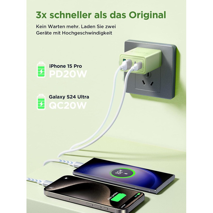 Мережевий адаптер Aioneus USB-C з 4 портами, 40W, PD 3.0, білий (1 шт., світло-зелений)