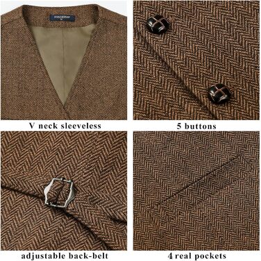 Жилет чоловічий HISDERN Vintage Tweed, скроєний для ділового стилю та вечірніх подій, з кишенями, темно-сірий (L, Коричневий-1)