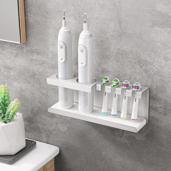 Тримач для електричної зубної щітки, нержавіюча сталь, кріплення на стіну без свердління, універсальний для насадок (сріблястий)