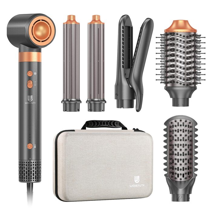 Webeauty Airstyler 7-в-1: фен-щітка, плойка, випрямляч, 110000 об/хв, 25 м/с, 500 млн негативних іонів, сірий золотий