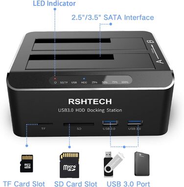 Док-станція для жорстких дисків RSHTECH з двома відсіками, USB 3.0, алюміній, підтримка 2.5/3.5