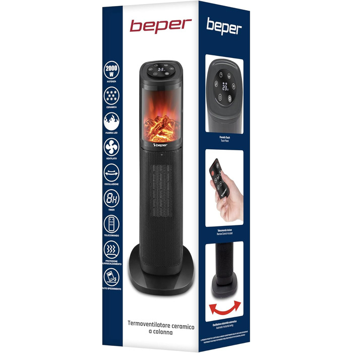 Електричний обігрівач з керамічним нагрівачем BEPER P203TER011, 2000W, з LED-дисплеєм, програмованим таймером, дистанційним керуванням, чорний