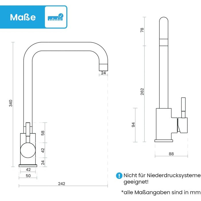 Кухонний змішувач Bächlein Plivo з нержавіючої сталі – одноручний, поворотний вилив, масивний дизайн, для кухні