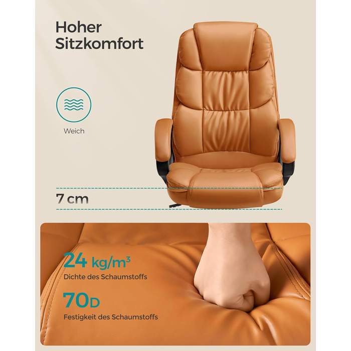 Крісло офісне SONGMICS для офісу та дому, крісло для комп'ютера, регульована висота, оббивка, OBG22B (карамельний колір, 53 x 51 x (112-122) см)