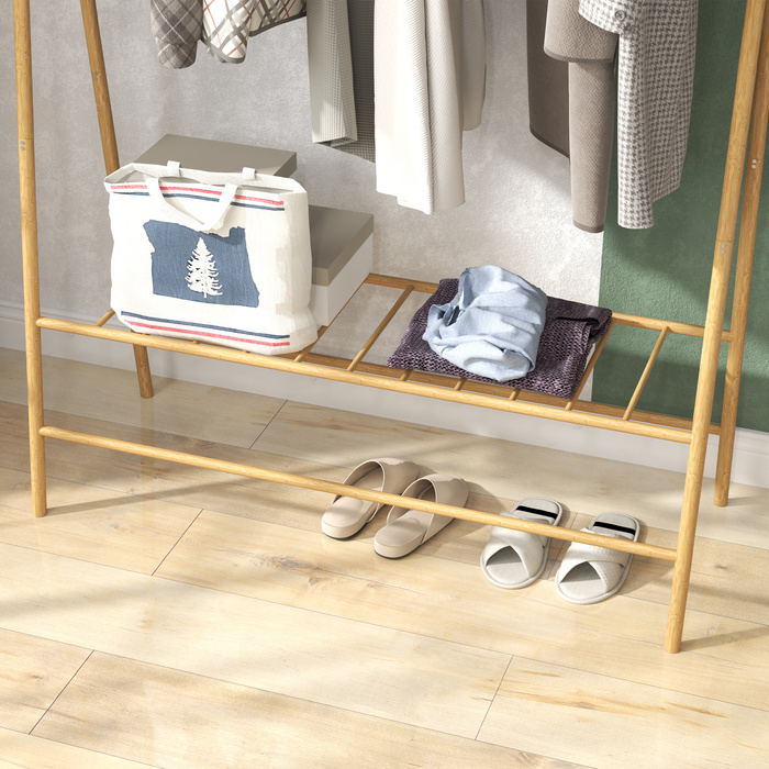 HOMCOM Bamboo Wardrobe Rack, Clothes Rack with Shelves and Hooks, Clothes Rail, for Entrance Hall, Living Room, Bedroom, 116 x 43.5 x 160 cm, Natural Wood | Aosom