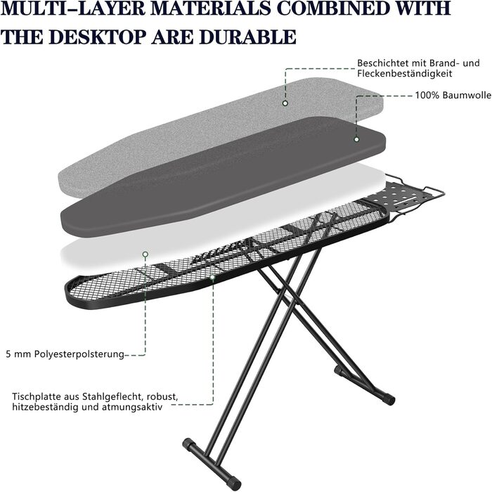 Aoufottes Folding Ironing Board, Ironing Board, Robust Steam Ironing Board with Iron Rest, with Non-Slip Feet, Stable Frame, Table Ironing Board with Adjustable Height, Ironing area 110x34cm