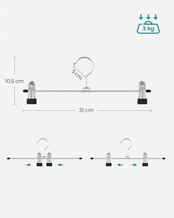 Набір вішалок для штанів SONGMICS (10 шт.), металеві, 31 см, з кліпсами, для штанів, спідниць, шкарпеток, міцні, срільно-чорного кольору