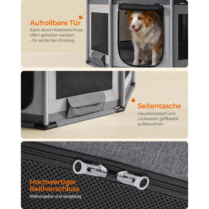 Клітка для цуценят Feandrea Oxford, восьмикутна, велика, 112 x 112 x 76 см, з PVC-каркасом, дихаюча сітка, з кишенею, сіро-сіра, PDC006G01