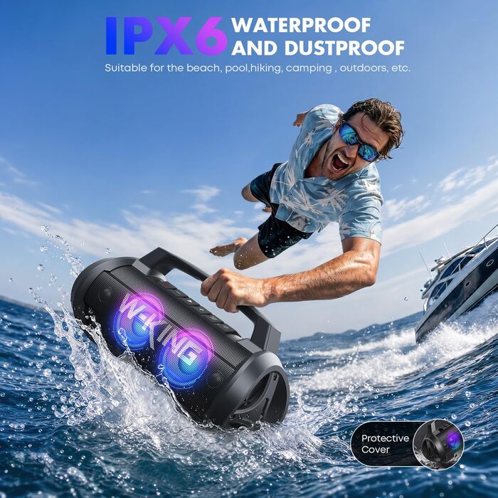 W-KING Bluetooth колонка 120W з басом 70W, портативна Party-Box IPX6, 42 год, BT 5.4, DSP, EQ, стерео, RGB, для кемпінгу, пляжу, саду, вечірок, чорна