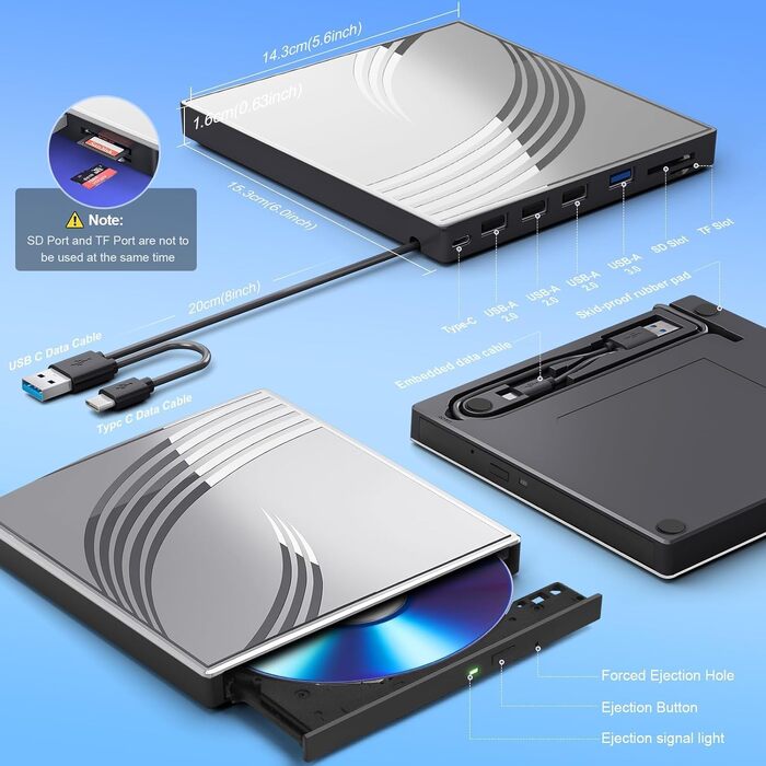 Зовнішній CD/DVD-RW привід USB 3.0, ультратонкий DVD-плеєр для ноутбука з 4 USB-портами, картридером SD/TF та роз'ємом Type-C, сумісний з Windows, macOS, Linux