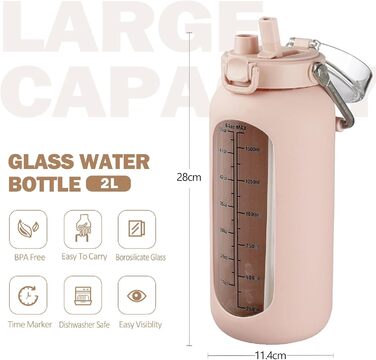 BLUEGO 2000ml Glass Water Bottle with Stainless Steel Handle and Time Marker 2L Motivation Glass Dryer with Silicone Sleeve and Straw for Gym, Office, Outdoors, Sports Water Bottles BPA-Free, (Amber)