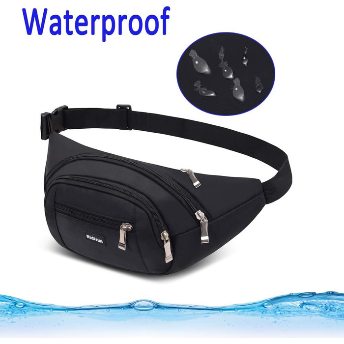 Водонепроникна поясна сумка на пояс, сумка на стегно для жінок та чоловіків, 3 кишені на блискавці, для піших прогулянок, відпочинку на природі, спорту, подорожей, чорна
