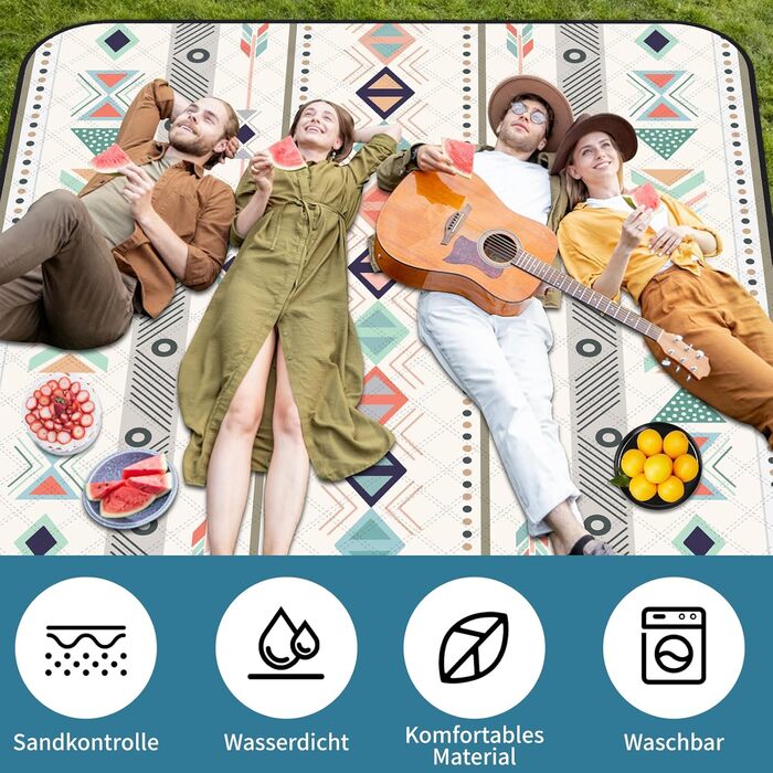Плед для пікніка Hysagtek 200x200 см, водонепроникний, великий пляжний плед в стилі бохо для відпочинку на природі, кемпінгу, парку