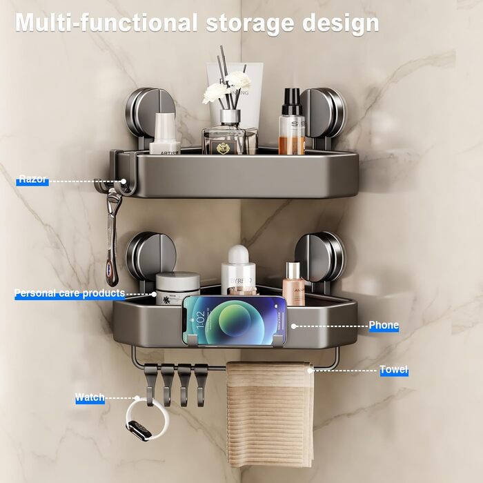 Поличка для душу без свердління, кутова поличка з присосками, органайзер для ванної кімнати, корзина для душу з тримачем для рушників та знімними гачками, сіра (1 шт.)