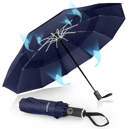 Зонт Herreicher туристичний автоматичний штормостійкий - легкий алюмінієвий каркас, компактний, складаний, двошаровий, тканина 210T, розмах 102 см, 10 спиць, для чоловіків/жінок/дітей/літніх людей (синій)