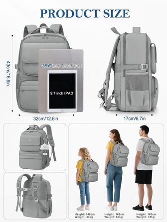 Шкільний рюкзак FIORETTO для підлітків та жінок: водонепроникний, легкий, 25L, з відділенням для ноутбука 15,6' (сірий)