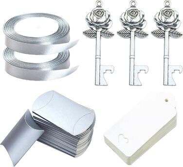 Aokbean 50pcs Wedding Key Bottle Openers Vintage Rose Flower Shape Gifts for Guest Gift Set with Candy Boxes, Thank You Tags and Ribbon (Antique Silver)