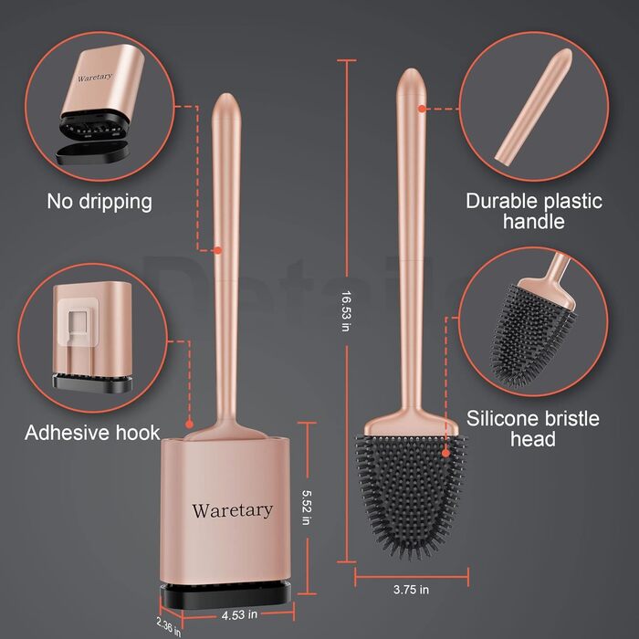 Набір для чищення унітазу Waretary з силіконовою щіткою та підставкою з нержавіючої сталі, гнучкий наконечник для глибокого очищення, швидковисихаючий, для кріплення на стіні та встановлення на підлогу, золотий