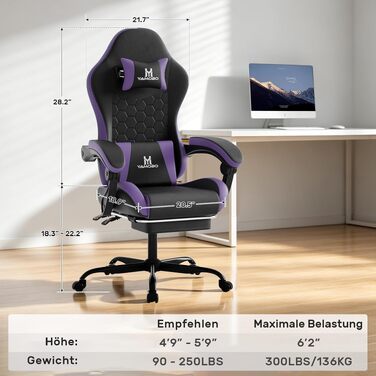 Ігрове крісло Racing Ergonomisch з підніжкою та масажним поперековим подушкою, навантаження до 150 кг, екошкіра, офісне крісло (Чорно-фіолетове)