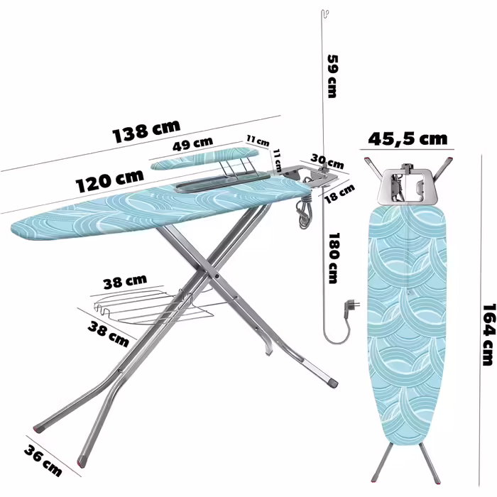 KADAX Ironing Board with Built-in Extension Cord, Folding Ironing Table with Cable Holder, Steam Ironing Table with Extendable Clothes Rack (Mint)