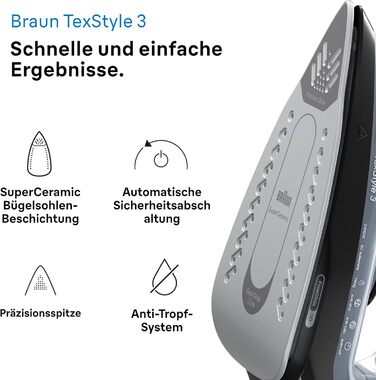 Праска з парою Braun FreeStyle 3 FI3124 PU, 2400 Вт, чорний/фіолетовий, технологія FreeGlide 3D, підошва SuperCeramic, Ultimate FastClean, автовимкнення, вертикальне прасування