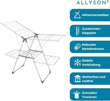 Розкладна сушарка для білизни Allyson, двоярусна, регульована по висоті, складна, вологостійка, з нержавіючої сталі, 20 метрів сушильної поверхні для дому та вулиці