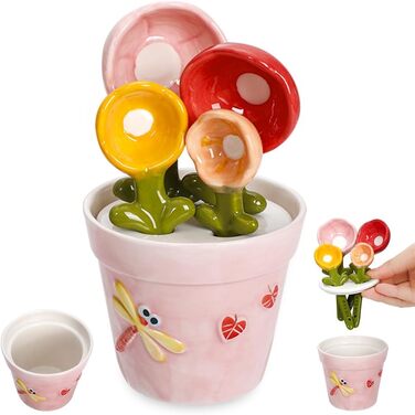 Ceramic Measuring Spoon Set in a Jar – Floral Pink Jar, Adorable Measuring Cups, Spoons for Dry and Wet Ingredients, 1 Tablespoon, 1 Teaspoon, 1/2 Teaspoon, 1/4 Teaspoon, 1 Cup