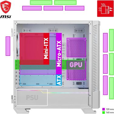 Корпус ПК MSI MPG Velox 100R White Mid-Tower для E-ATX, з загартованим склом, Airflow, Mystic Light, 2x 360mm кулер