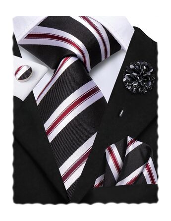 Набір краваток для чоловіків Hi-Tie: краватка, нагрудна хустинка, затискач, запонки, формальний шовк (чорний, білий, червоний, в смужку)