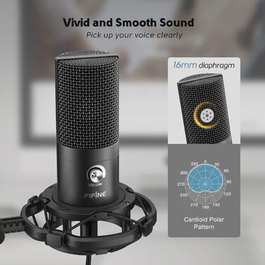 Мікрофон FIFINE для стрімінгу та запису: USB мікрофон з кріпленням, поп-фільтром та амортизатором (Чорний)