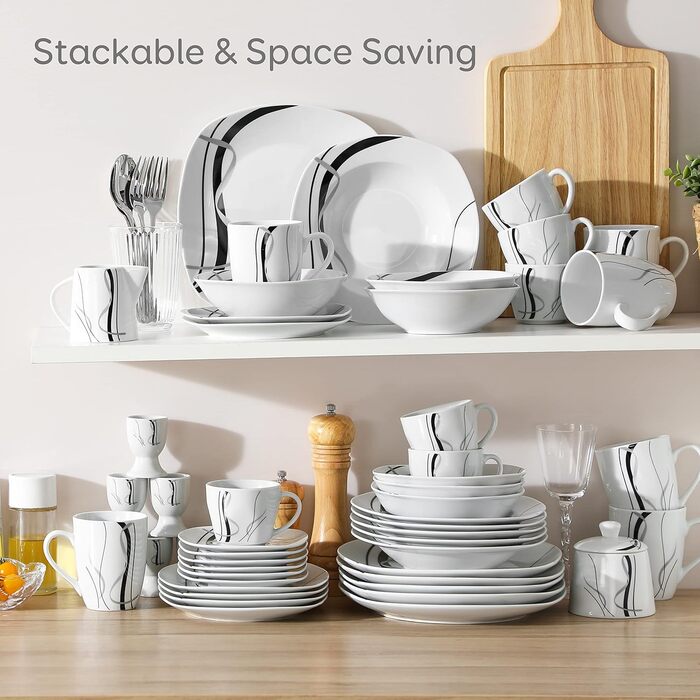 VEWEET FIONA 100-Piece Dinnerware Set, 12 Place Settings, Porcelain Dinnerware Set consisting of dinner plates, dessert plates, soup plates, cereal bowls, coffee cups, coffee mug set, egg cups, milk and sugar set