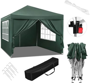 Павільйон WOLTU Pop-Up водонепроникний складаний тент 3x3 м із боковинами, металевий каркас, оксфорд, для саду, тераси, кемпінгу, фестивалів, зелений