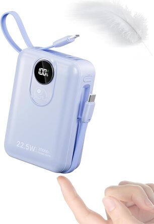 Power Bank 20000 mAh з інтегрованим кабелем: швидка зарядка 22.5W, USB C (вхід/вихід), акумуляторний пак з 4 виходами та 2 входами, білий/блакитний
