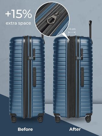 Чохол-валіза на колесах | Розширюваний середній валіза 45 x 25 x 66 см, 67-75 літрів | з поліпропілену, 4 подвійні колеса, TSA-замок (Колекція 04) | Колір: Navy Blue Metallic, Набір валіз (3 шт.)