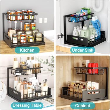 Cocolemon Metal Under Sink Shelf, 2-Tier Kitchen Cabinet Organizer with Drawer, Large Capacity Under Sink Shelf, Spice Rack and Kitchen Helper for Kitchen, Bathroom, Under Cabinet, Black