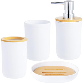 Набір аксесуарів для ванної кімнати з бамбука (4 шт.) - зубний стакан, тримач для зубної щітки, дозатор для мила, флакон для лосьйону, тримач для ополіскувача (білий)