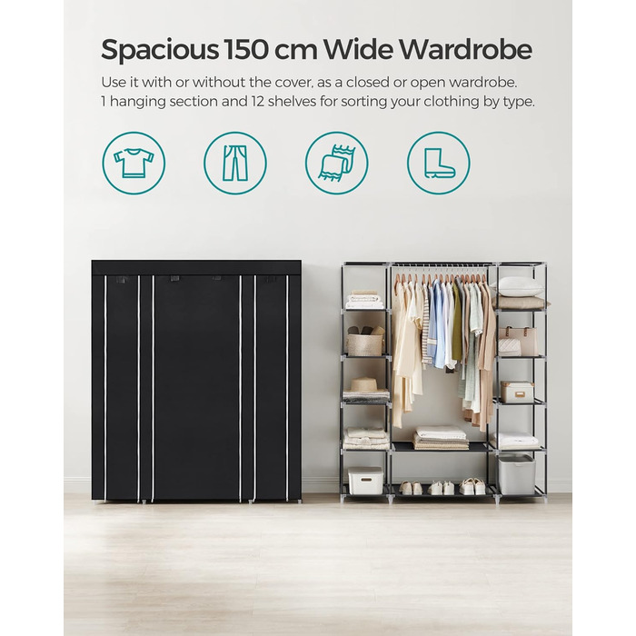 SONGMICS Wardrobe, Fabric Clothes Closet, with Clothes Rail and Shelves, Fabric Cover, for Bedroom, Dressing Room, 150 x 45 x 175 cm, Black LSF03H