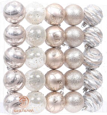 Декоративна куля на ялинку Sea Team з малюнком та блискучим прикрасою, набір (60 мм, шампань)