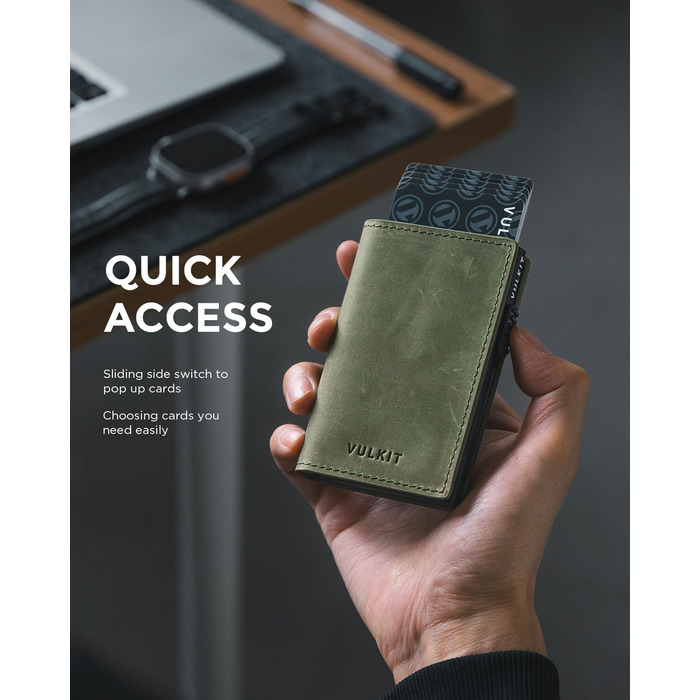 Гаманець-картхолдер VULKIT Pop-up RFID захист, шкіряний, оливково-зелений (Crazy Horse) на 11 карт та купюр