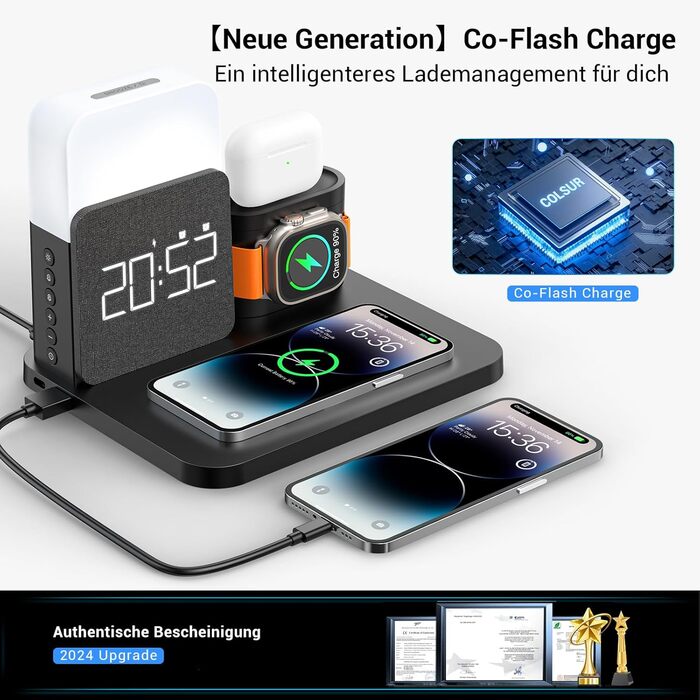 Бездротова зарядна станція 3-в-1 COLSUR для iPhone, Apple Watch, AirPods, 15W, нічна лампа з годинником, чорна