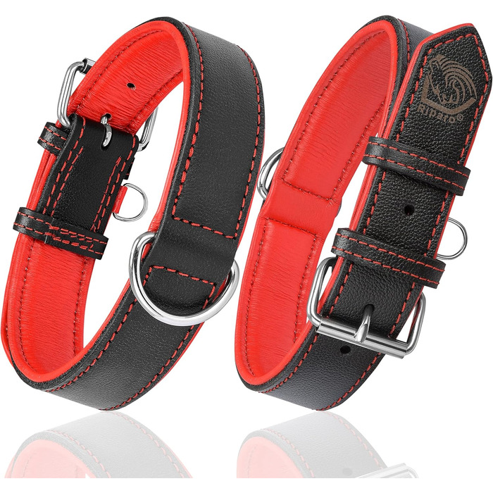 Нашийник для собак Riparo з натуральної шкіри, регульований, посилений (L, 3,8 см, чорно-червоний), чорно-червоний