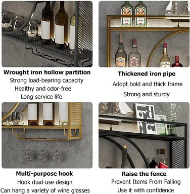 Стильна металева вітрина для вина на стіну, 3-ярусна, золото (140x15x80 см)