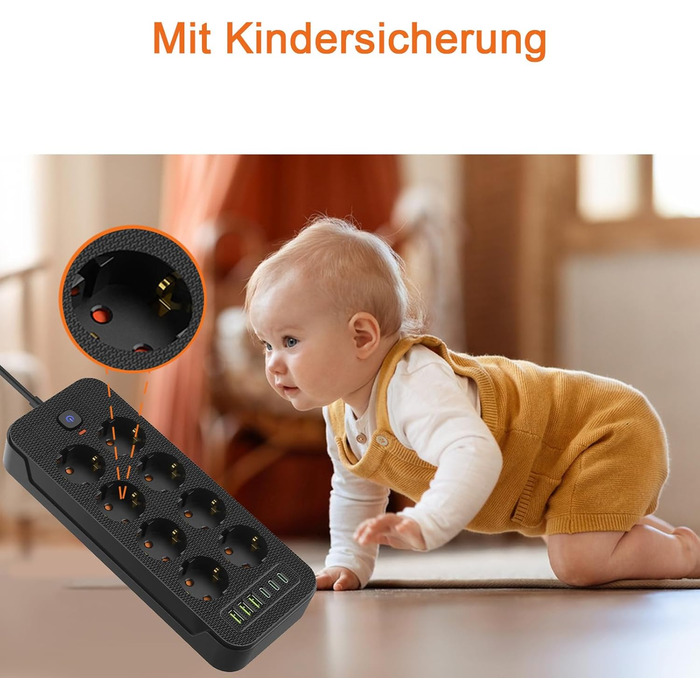 Мережевий фільтр AOUOO 8 розеток з вимикачем, 2м кабель, 3USB/3Type-c (5V/3.1A), 250V/16A, захист від перенапруги 3840W, чорний