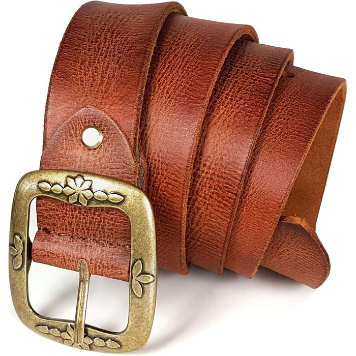 Жіночий шкіряний ремінь ROYALZ Vintage з буйволової шкіри 38 мм, колір коньяк, з антикварною квітковою пряжкою, регульований, довжина 110 см (талія 95 см)
