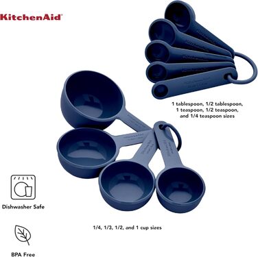 Універсальний 9-елементний набір мірних стаканів і ложок KitchenAid з м'якою ручкою, отвором для підвішування, зручною фіксацією, для кухні, можна мити в посудомийній машині